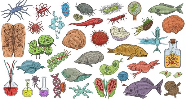 Illustration depicting various fields of biology such as microbiology, zoology, botany, genetics, ecology, and marine biology.
